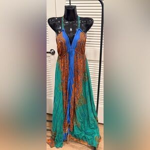 Elegant Backless Blue and Green Dress